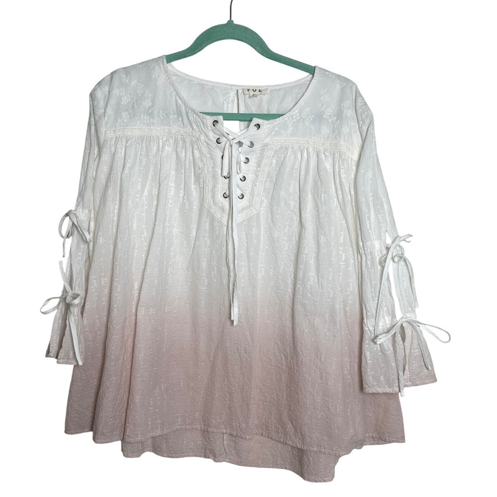 POL Boho Lace Up Peasant Blouse Pink Ombre Textured Small Cottagecore Festival - Picture 2 of 8
